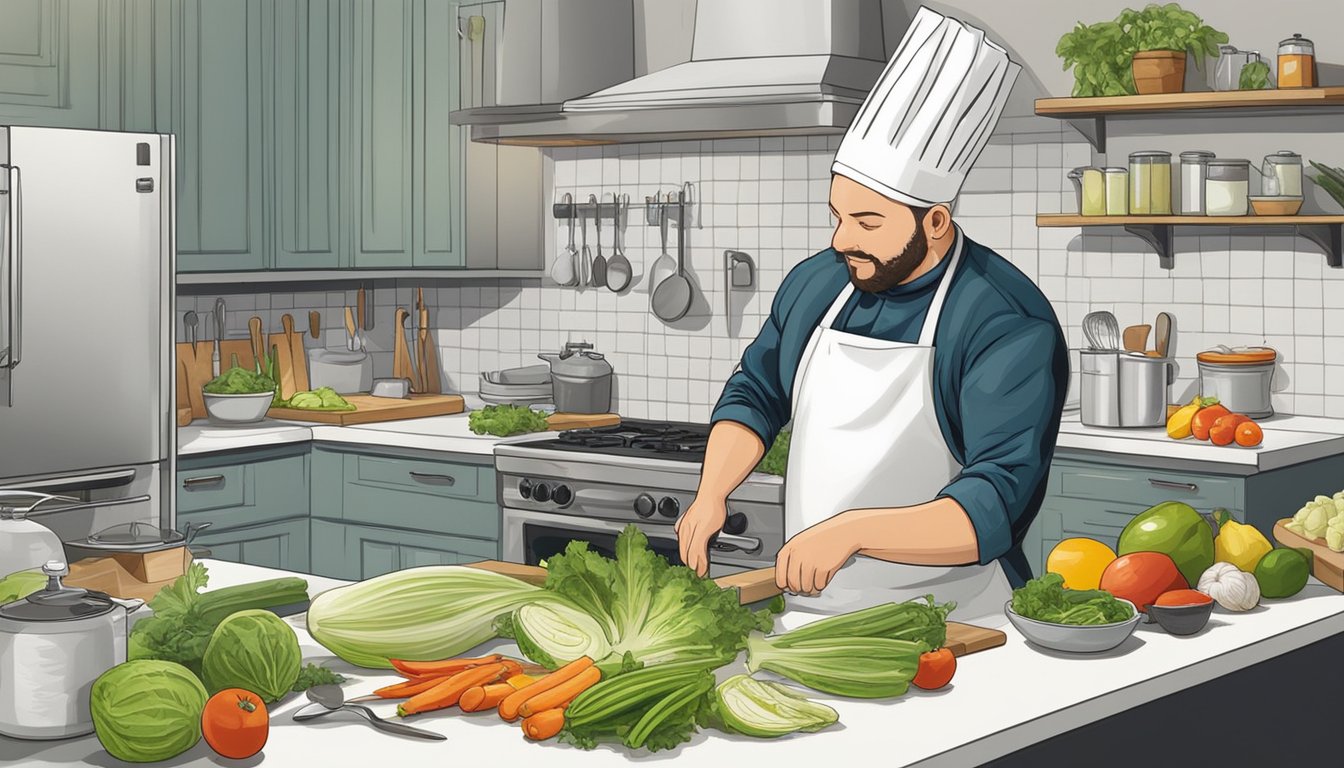 A chef replacing endive with curly endive in a recipe, surrounded by various ingredients and cooking utensils on a kitchen counter