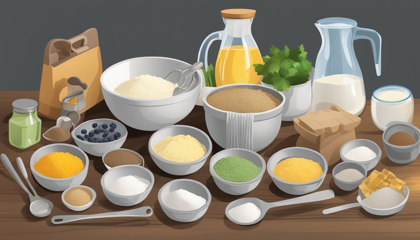 A mixing bowl filled with various ingredients, including farina, surrounded by measuring spoons and other cooking utensils on a kitchen counter