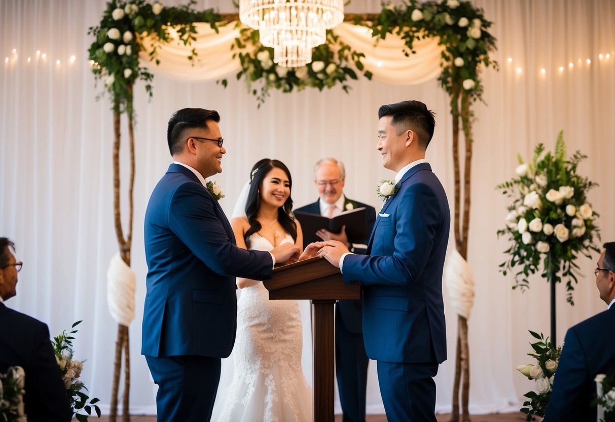 A person standing at a podium with a couple in front of them, exchanging vows in a decorated wedding venue