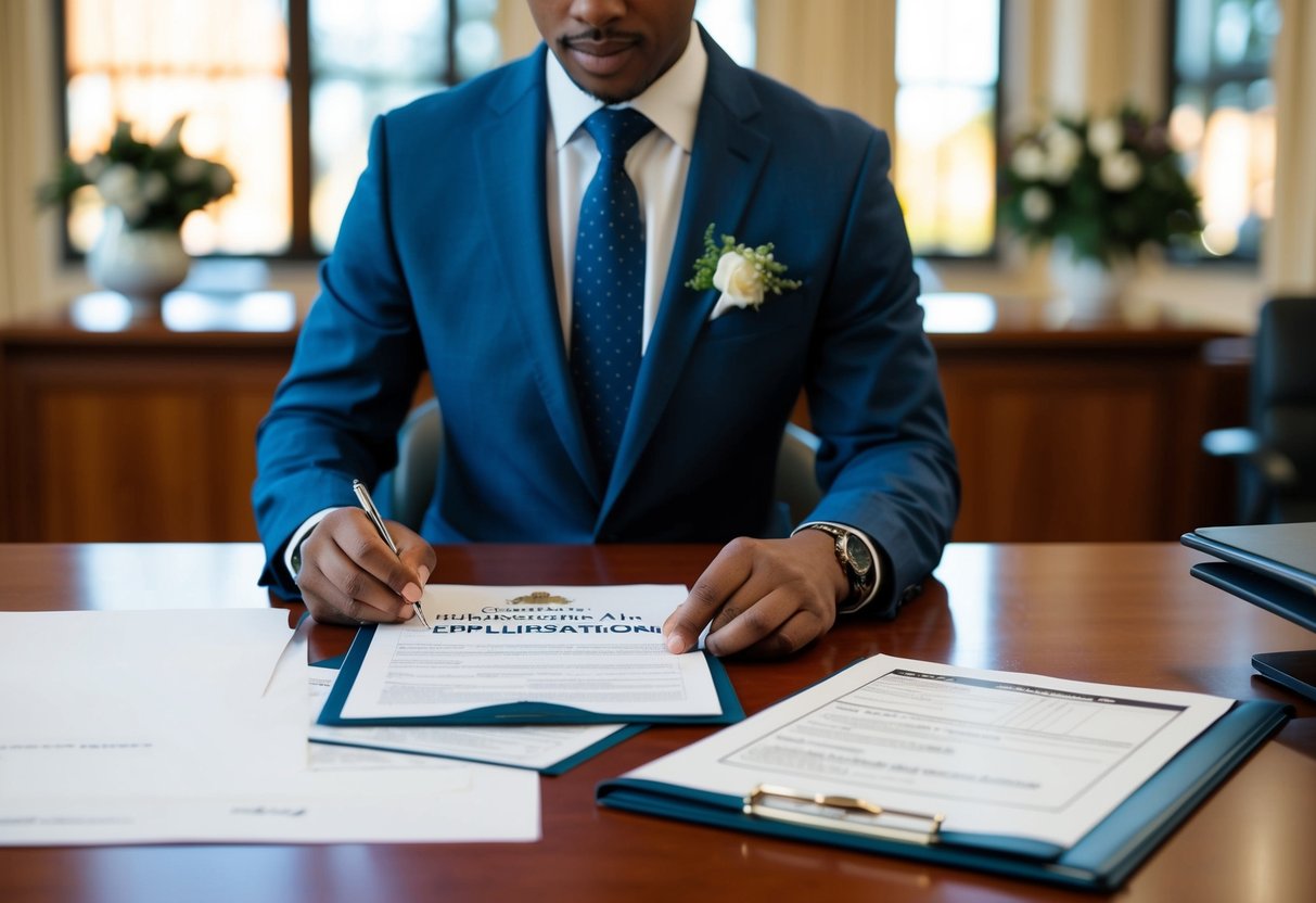 A person completing wedding registrar application paperwork at a government office desk