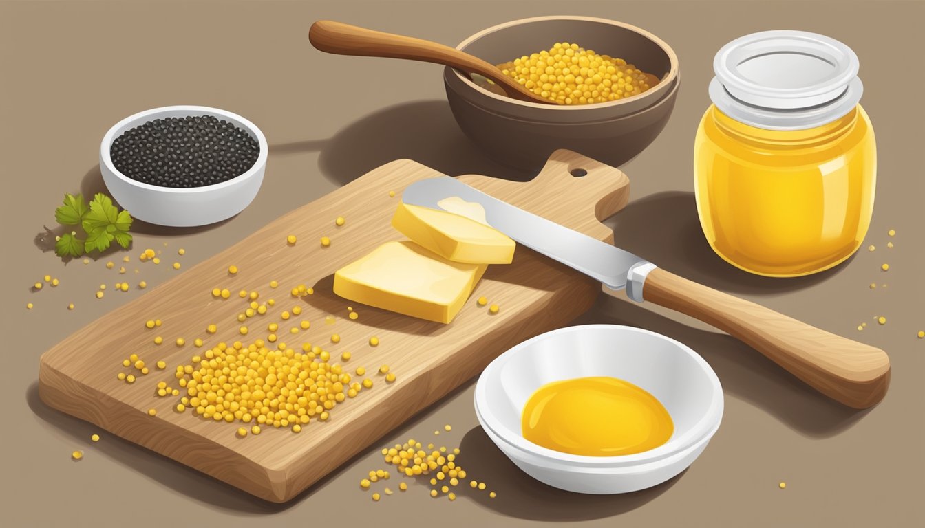 A jar of English mustard sits on a wooden cutting board, surrounded by a scattering of mustard seeds and a small dish of honey