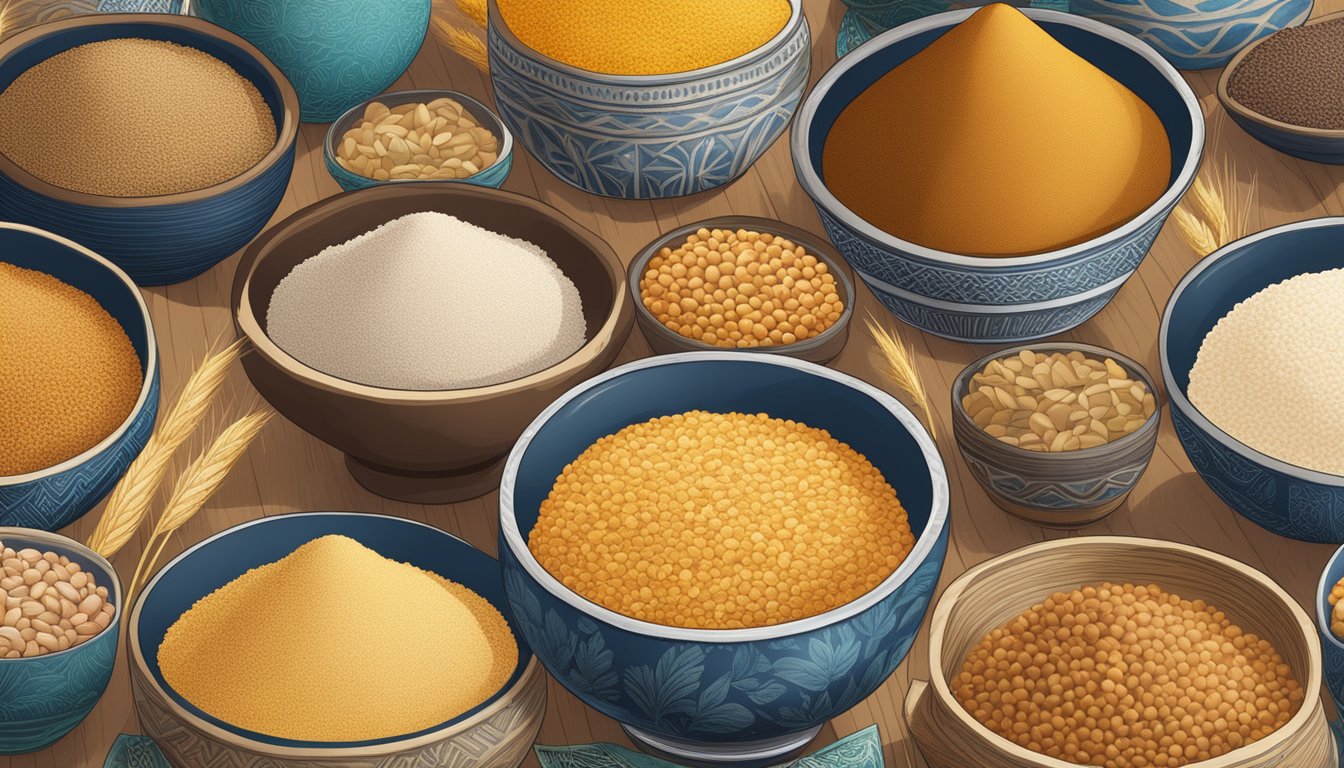 A diverse array of grains and flours from around the world, displayed on a table with cultural symbols and patterns in the background