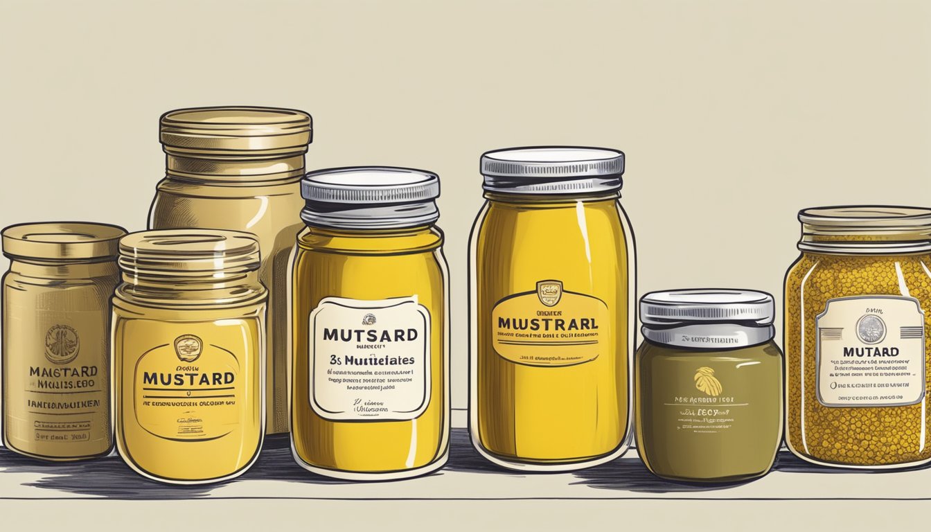 Various international mustard jars arranged on a table. French, German, and Dijon varieties displayed as substitutes for English mustard