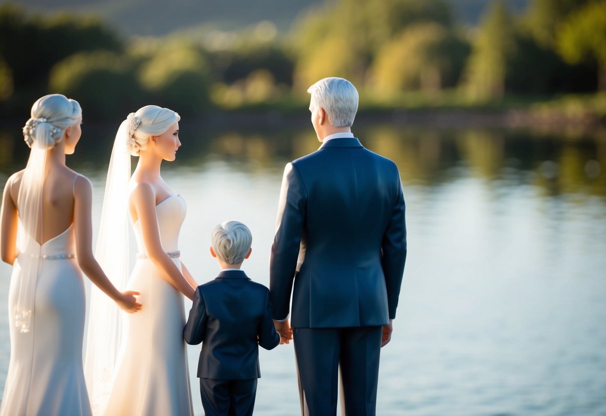 A figure stands beside a couple, symbolizing a family member witnessing their wedding ceremony