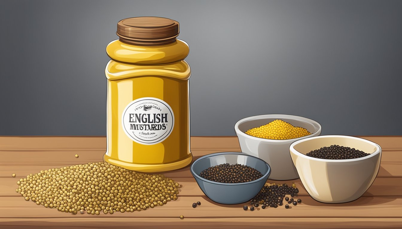 A jar of English mustard sits next to a bowl of mustard seeds, various spices, and vinegar on a wooden tabletop