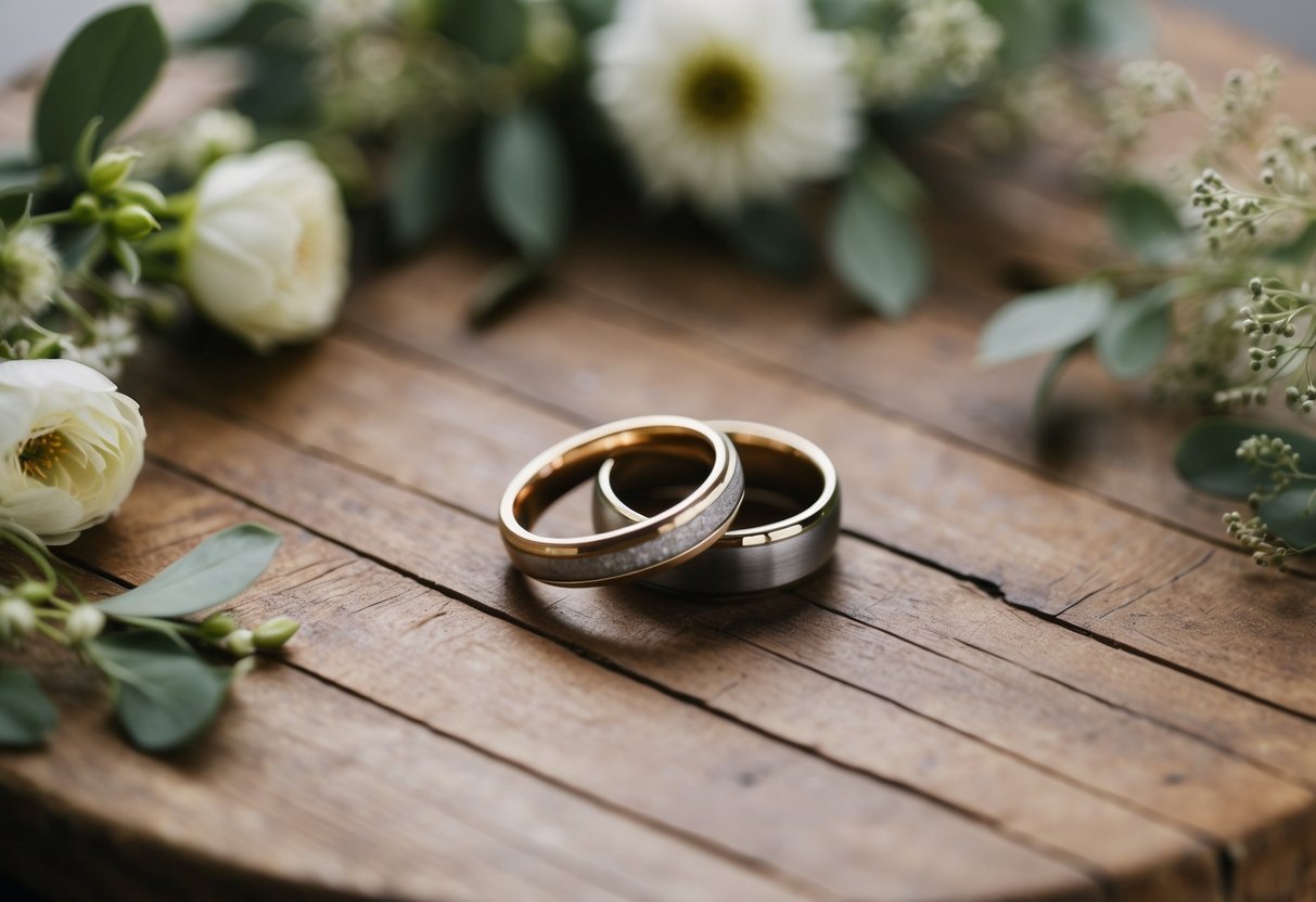 A pair of intertwined wedding rings resting on a rustic wooden table, surrounded by delicate flowers and greenery
