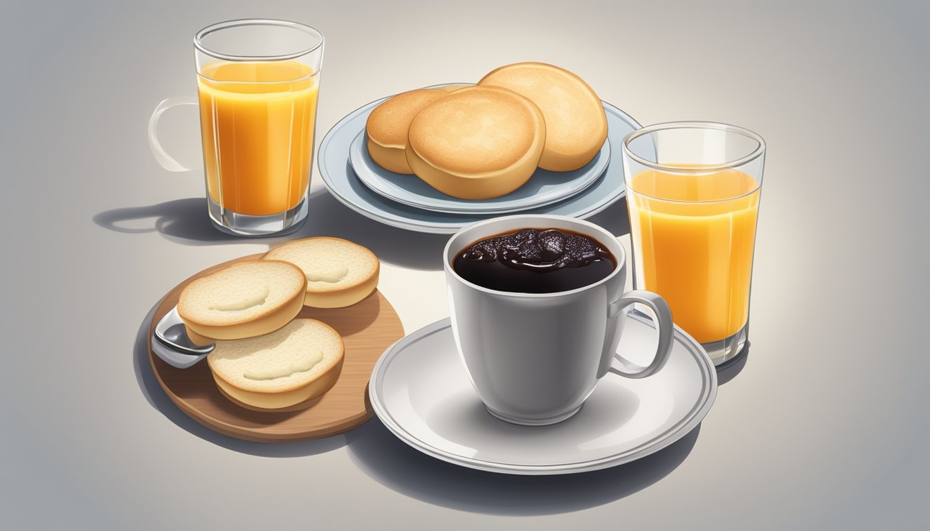 A plate of English muffins sits next to a spread of butter and jam, surrounded by a steaming mug of coffee and a glass of orange juice