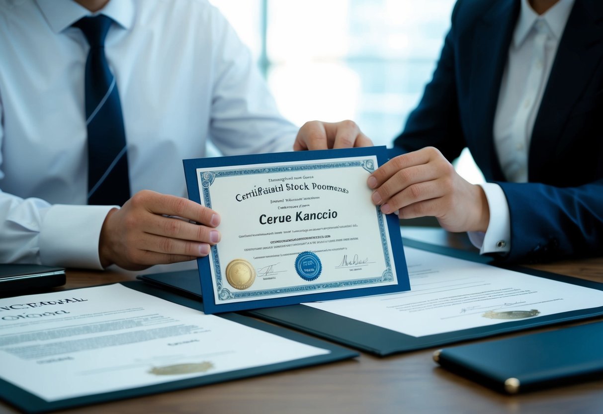 A person holding a certificate with a seal and official documents on a desk