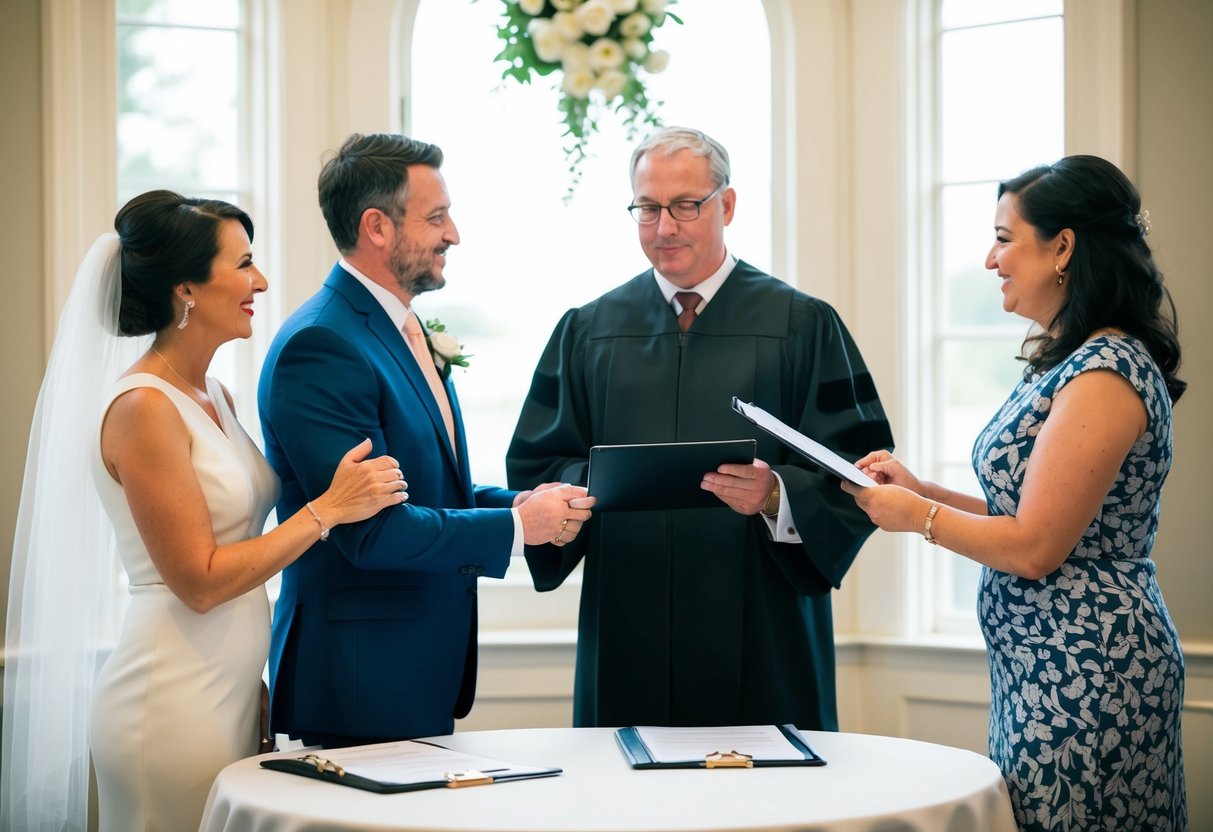A family member stands beside a couple exchanging vows, as an officiant oversees the ceremony. Legal documents are signed on a table nearby