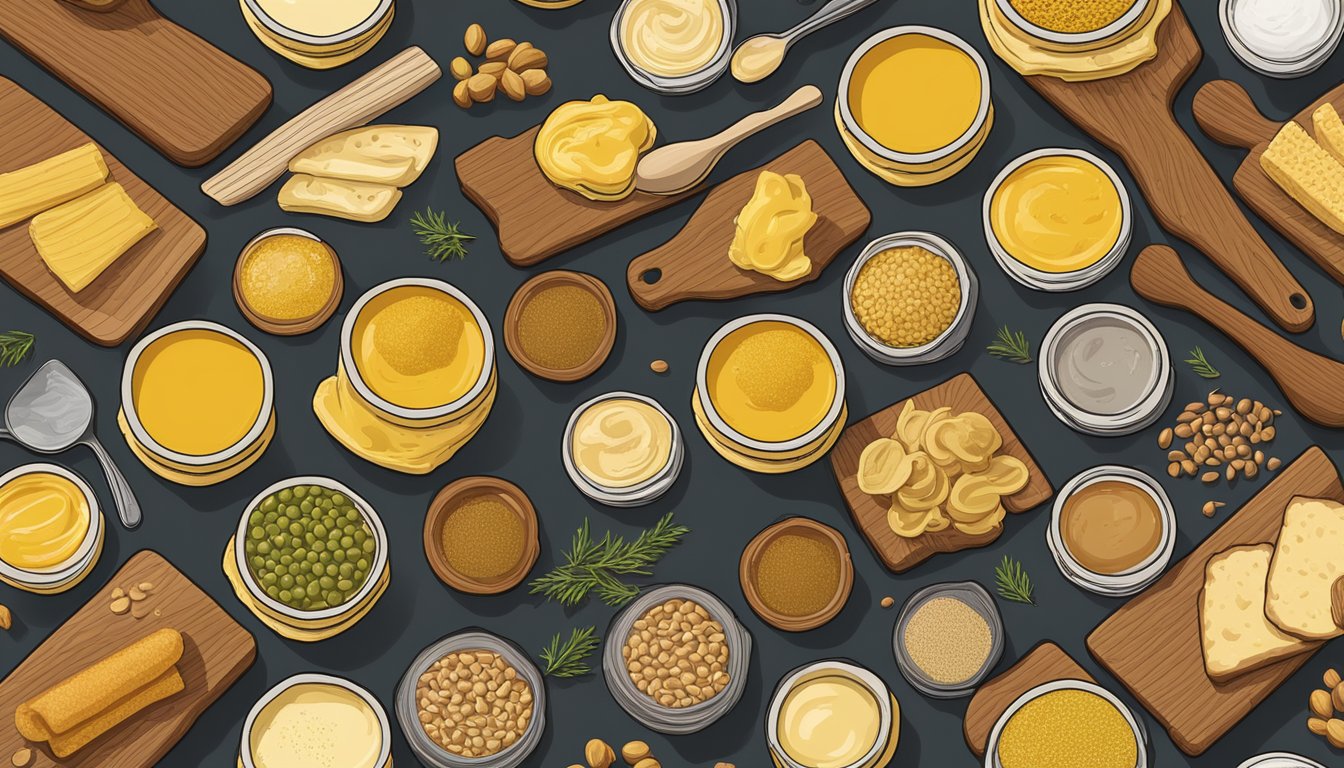 A variety of specialty mustards arranged on a wooden cutting board. Different colors and textures, including whole grain, Dijon, and honey mustard