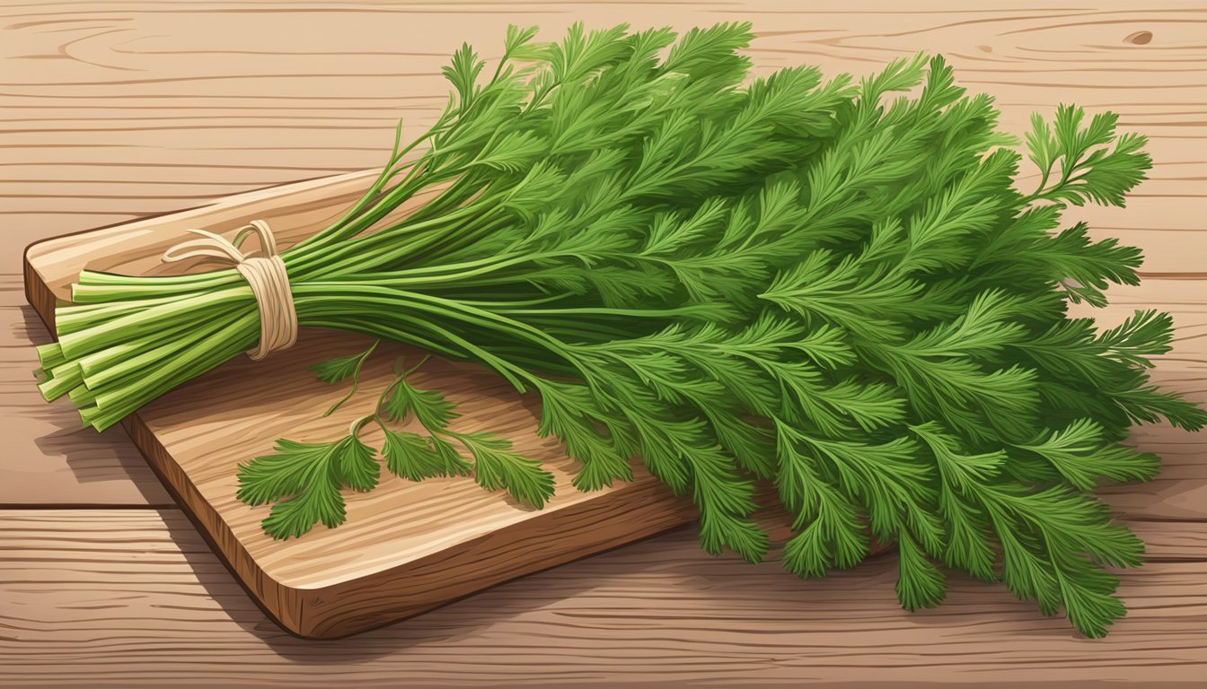 A bunch of fresh dill and sprigs of parsley arranged on a wooden cutting board