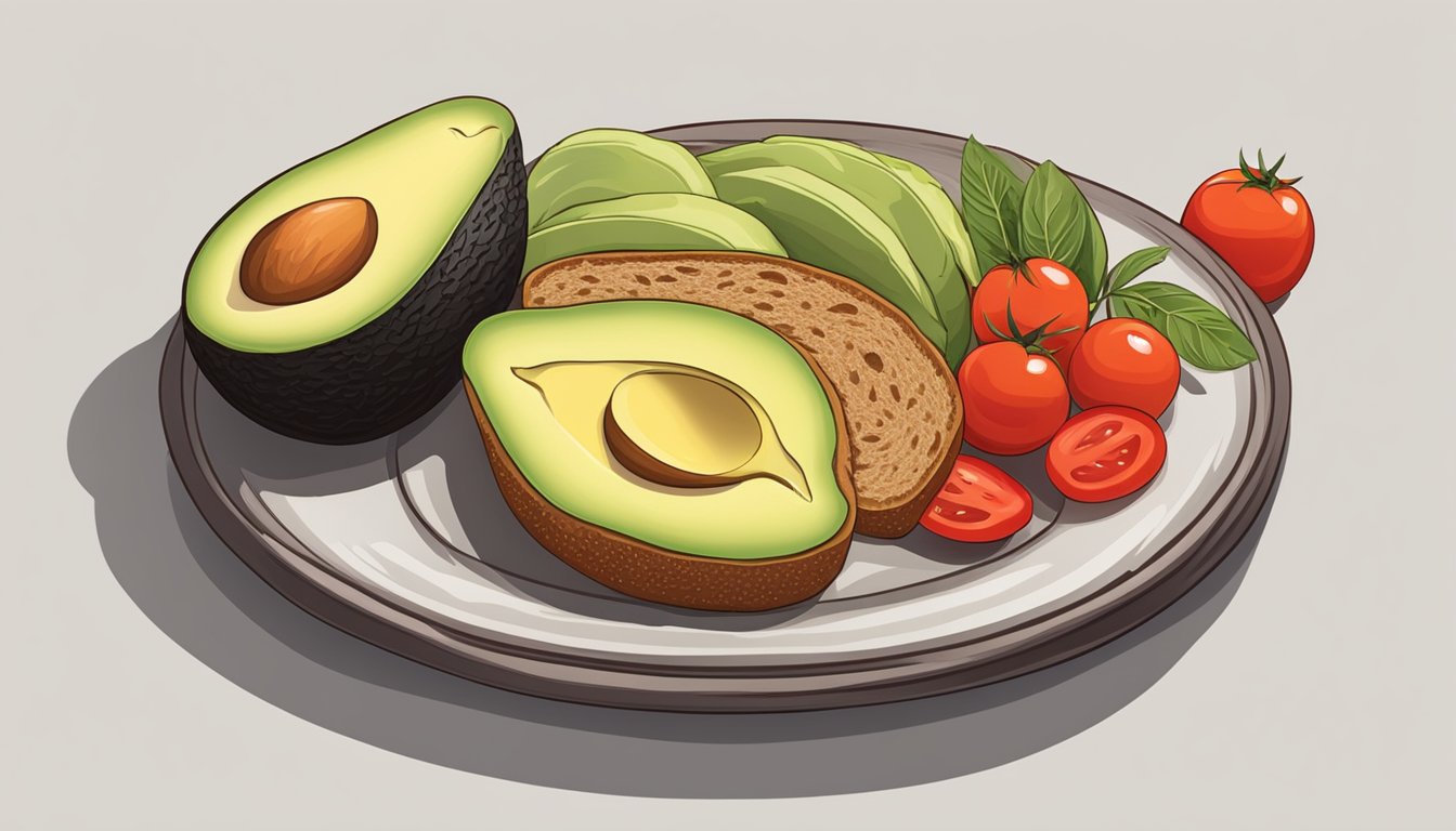 A plate with whole grain bread, avocado, and sliced tomatoes