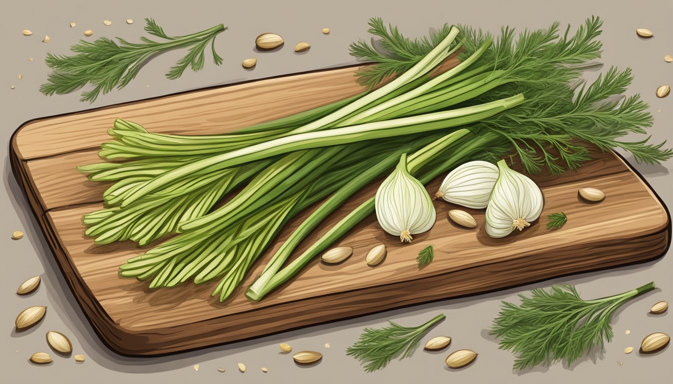 A vibrant bunch of fennel fronds and seeds arranged on a rustic wooden cutting board