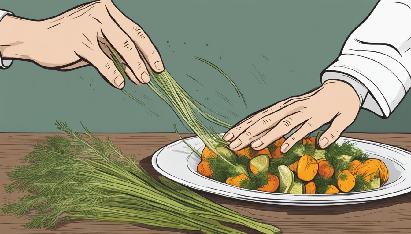 A chef's hand sprinkles fennel fronds onto a dish of roasted vegetables