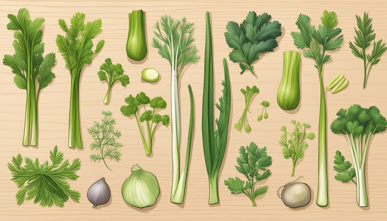 A colorful array of non-herbal and unique substitutes for fennel fronds, such as dill, celery leaves, and parsley, arranged on a wooden cutting board