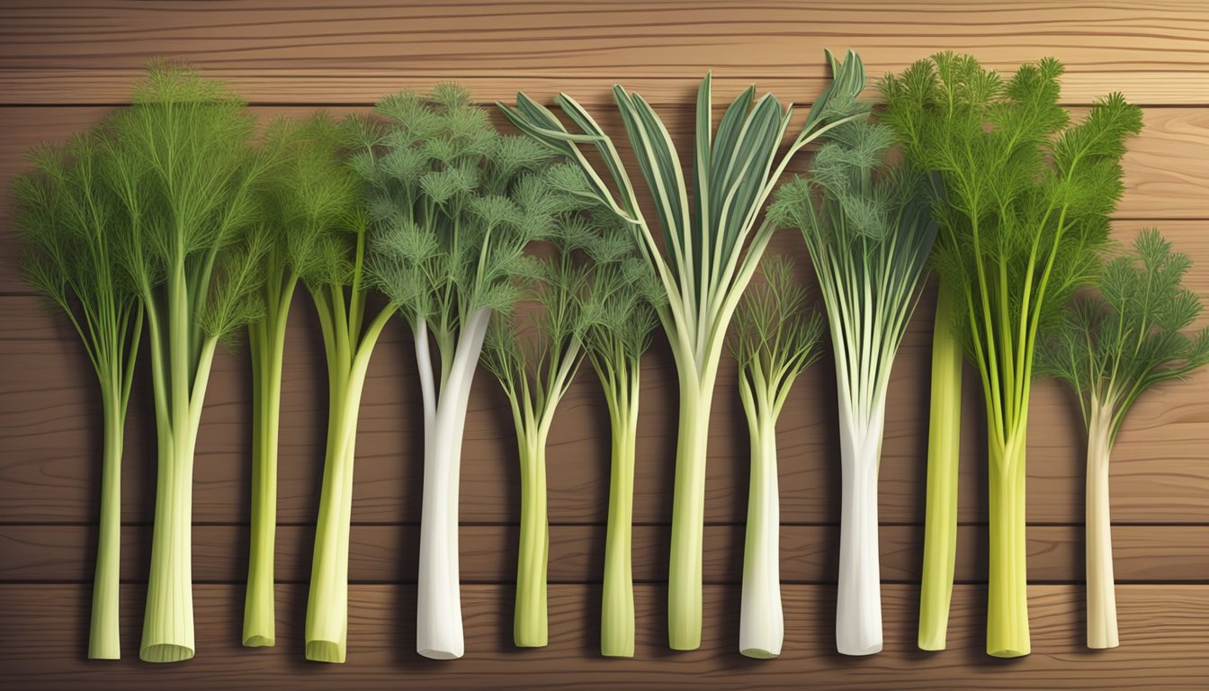 A colorful array of fennel fronds substitutes from various cultures arranged on a wooden table