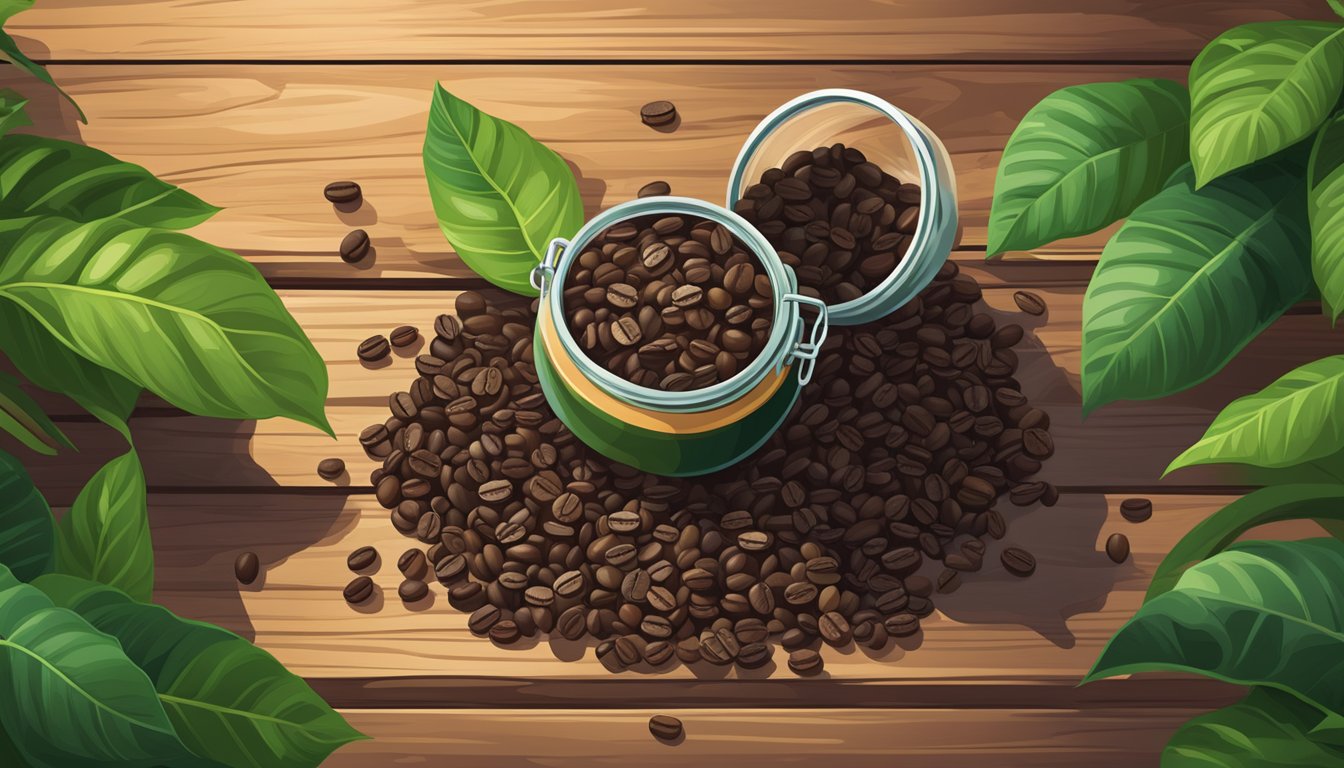 A jar of rich, dark coffee beans spilling out onto a rustic wooden table, surrounded by vibrant green coffee plant leaves