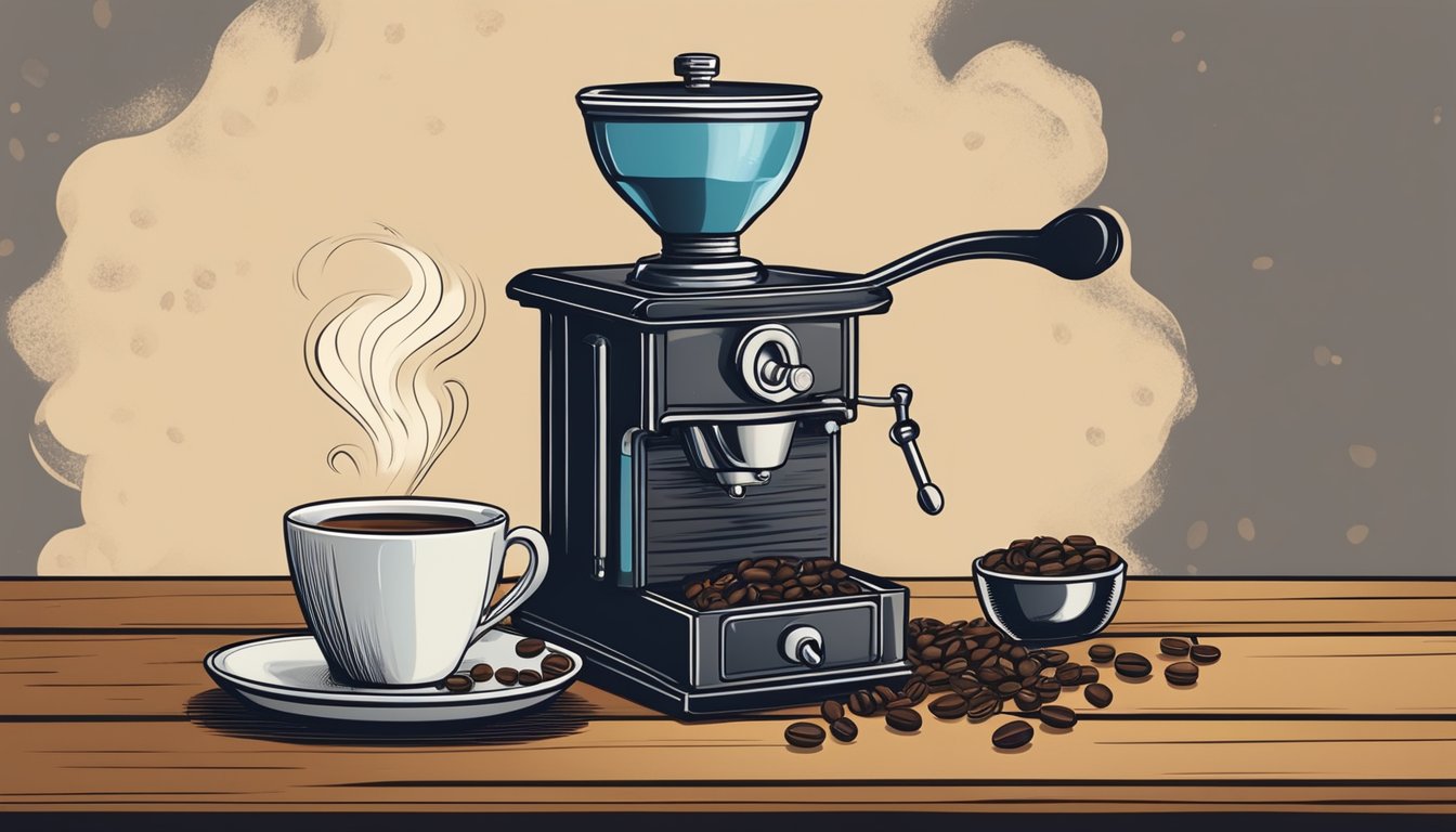 A steaming cup of espresso alternative sits on a rustic wooden table, surrounded by various coffee beans and a vintage coffee grinder