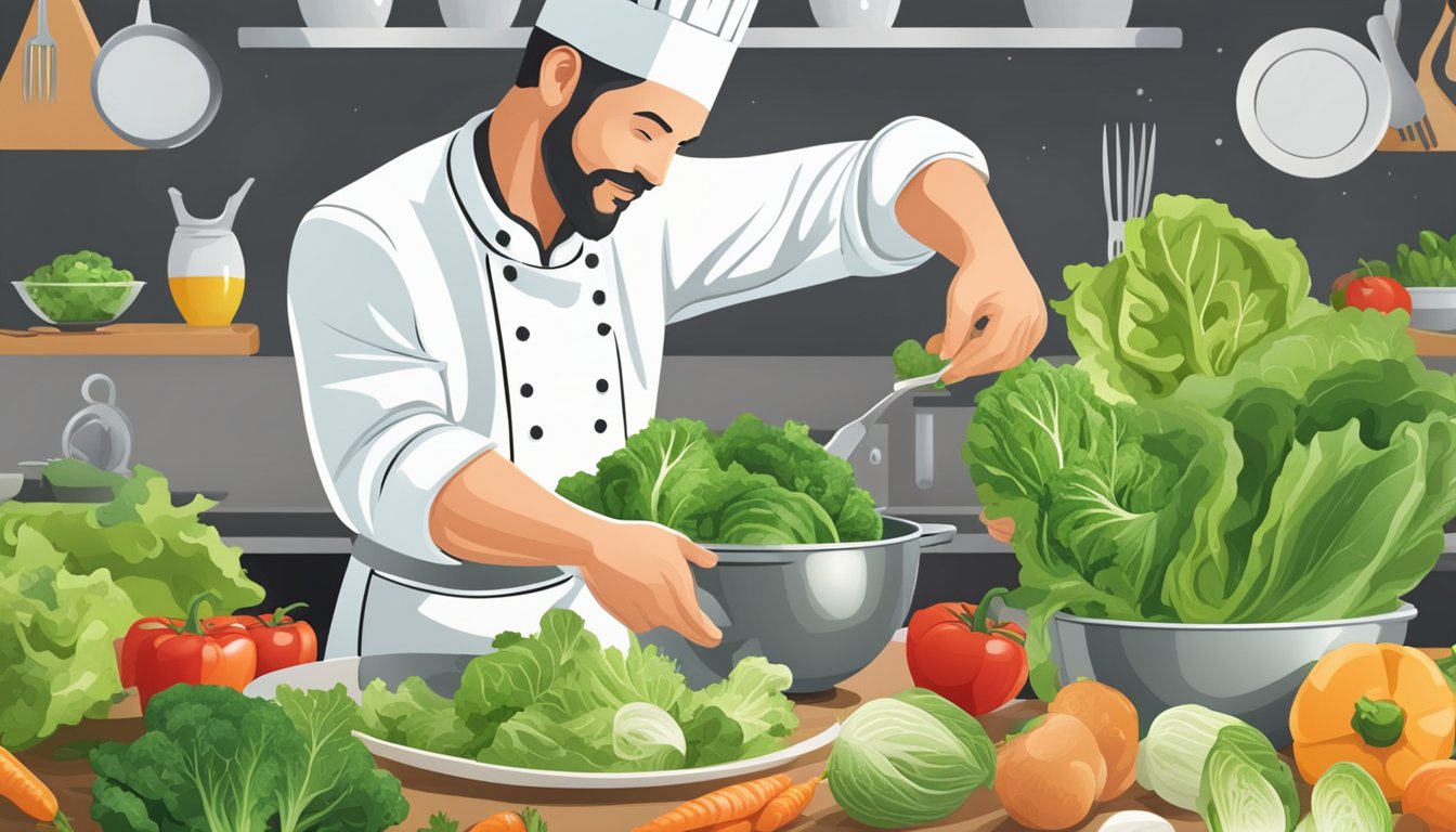 A chef reaching for escarole as it replaces lettuce in a salad, surrounded by various fresh vegetables and cooking utensils