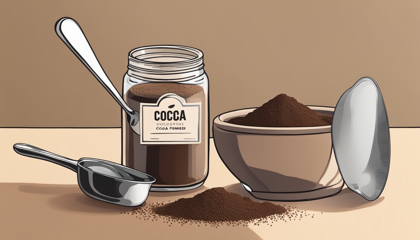 A jar of cocoa powder sits next to a bowl of espresso powder on a kitchen counter. A measuring spoon hovers between them, ready to scoop