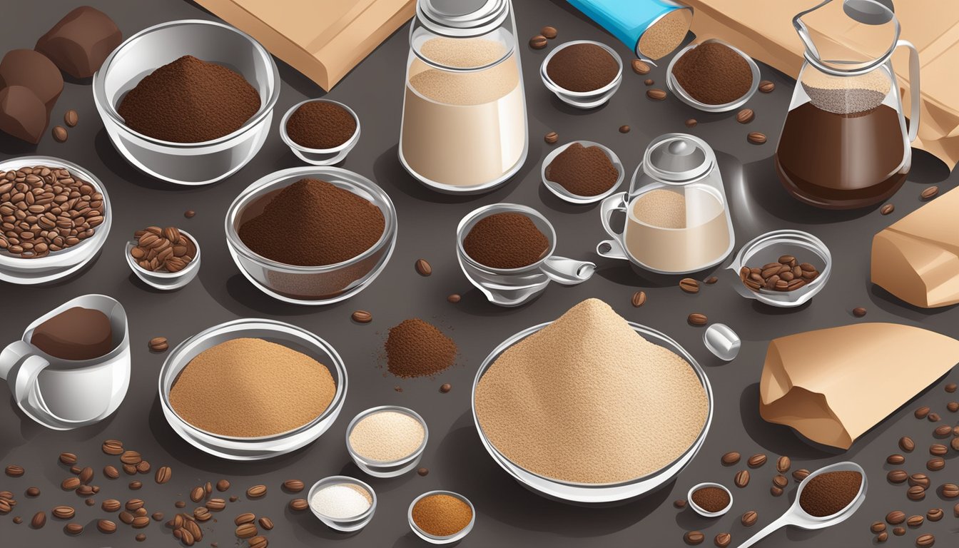 A variety of ingredients such as cocoa powder, instant coffee, and finely ground coffee beans are arranged on a kitchen counter