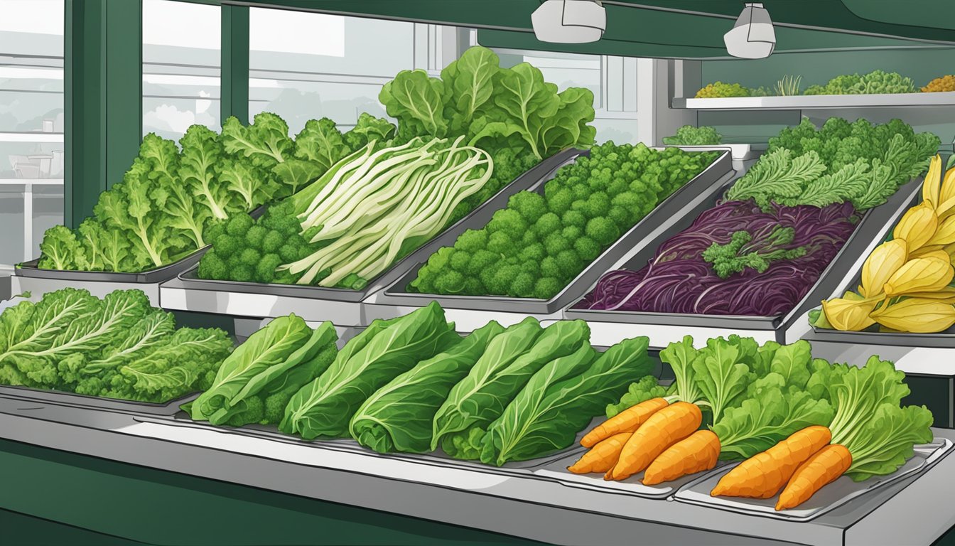 A vibrant market stall displays various leafy greens, including endive and frisée, as potential substitutes for escarole