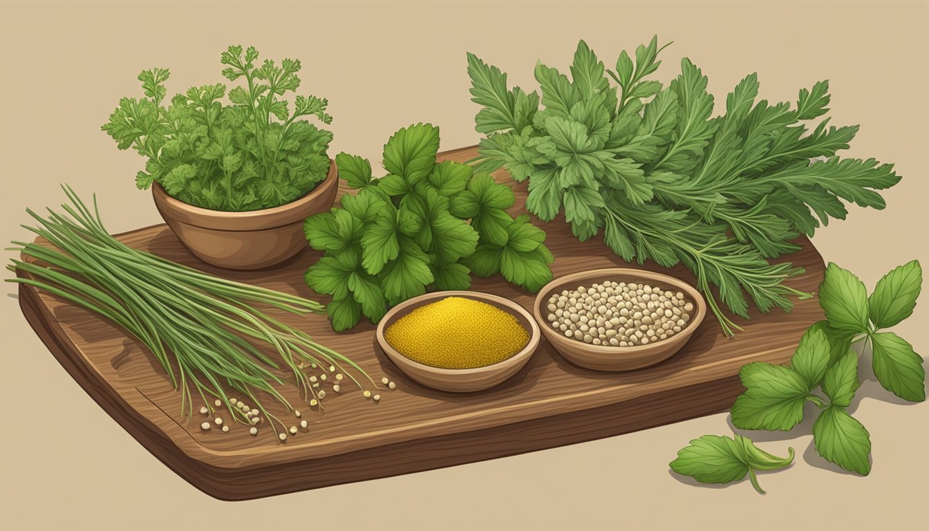 A collection of fresh herbs, including coriander, mustard seeds, and cumin, arranged on a wooden cutting board