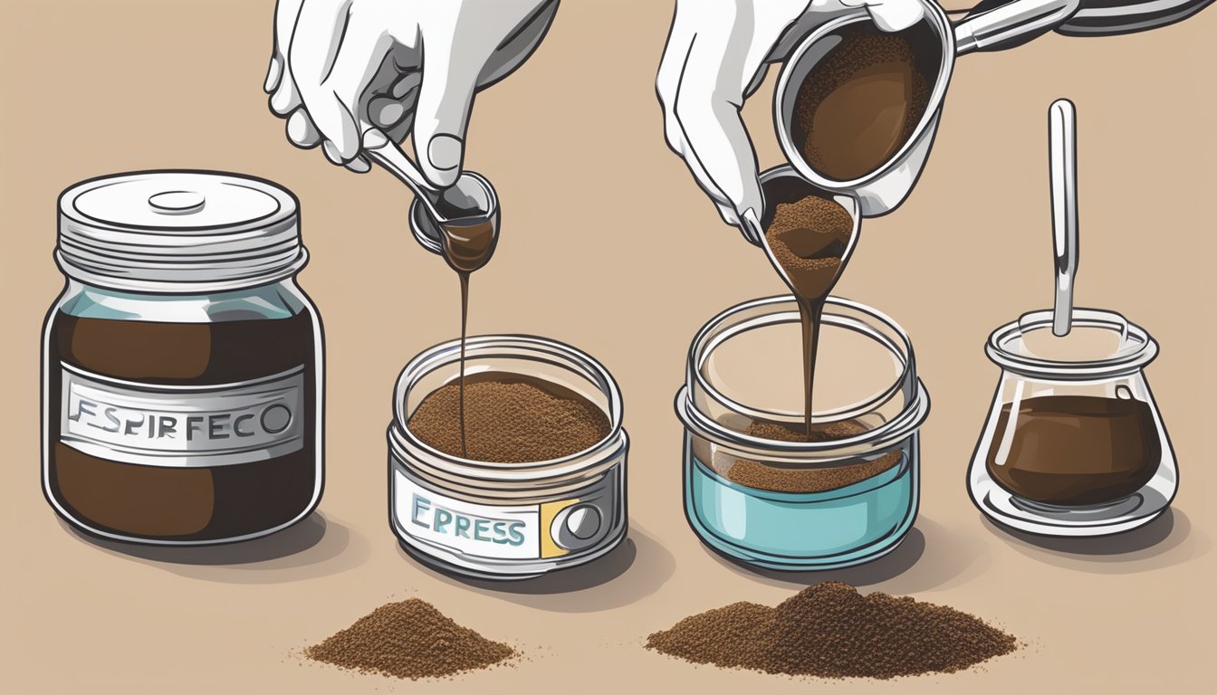 A hand pouring a different substance into a measuring spoon next to a jar of espresso powder