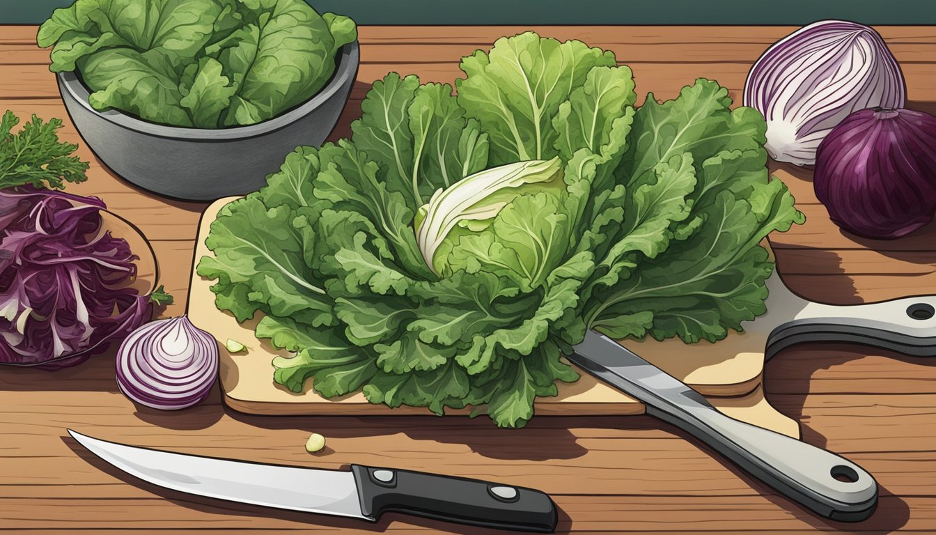 A variety of leafy greens arranged on a cutting board, including endive, frisée, and radicchio, with a measuring cup and knife nearby