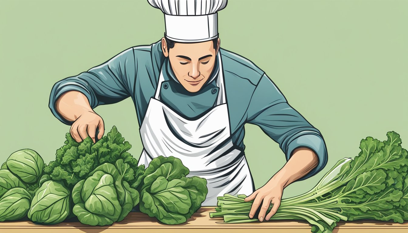 A chef reaching for spinach and kale while holding a bunch of escarole, with various other leafy greens scattered on the counter