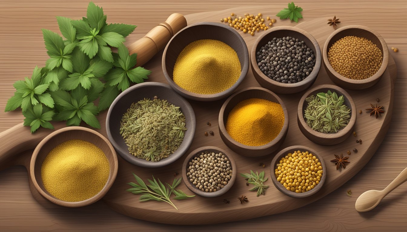 A variety of herbs and spices arranged on a wooden cutting board, including cumin, mustard seeds, and coriander, with a mortar and pestle nearby