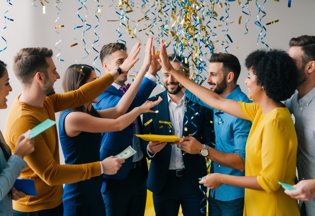 A group of people celebrating with confetti and streamers, exchanging high-fives and hugs. Gifts and money envelopes are being passed around