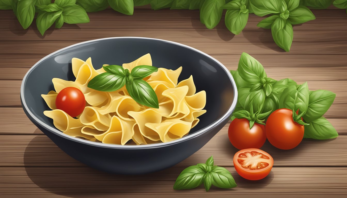 A bowl of farfalle pasta surrounded by fresh basil leaves and cherry tomatoes on a rustic wooden table