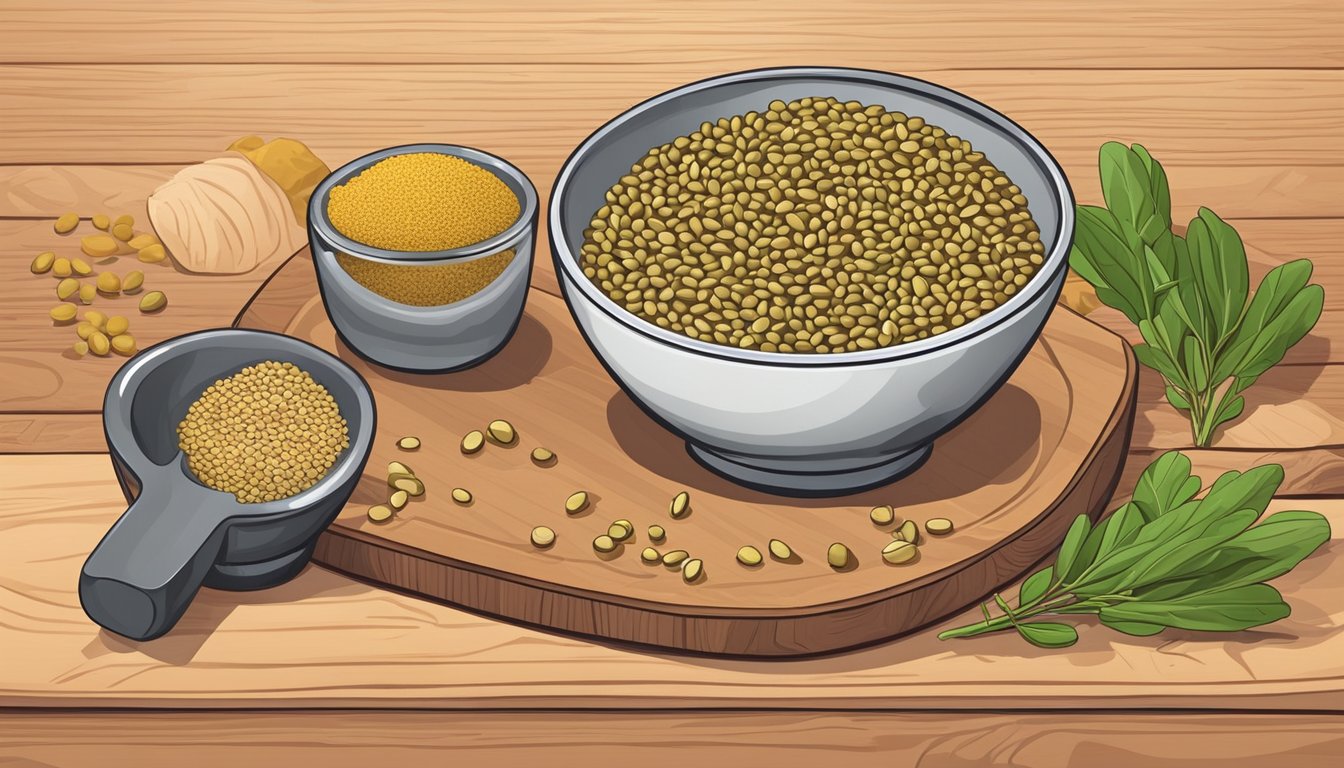 A small bowl of fenugreek seeds with various alternative substitutes arranged around it on a wooden cutting board