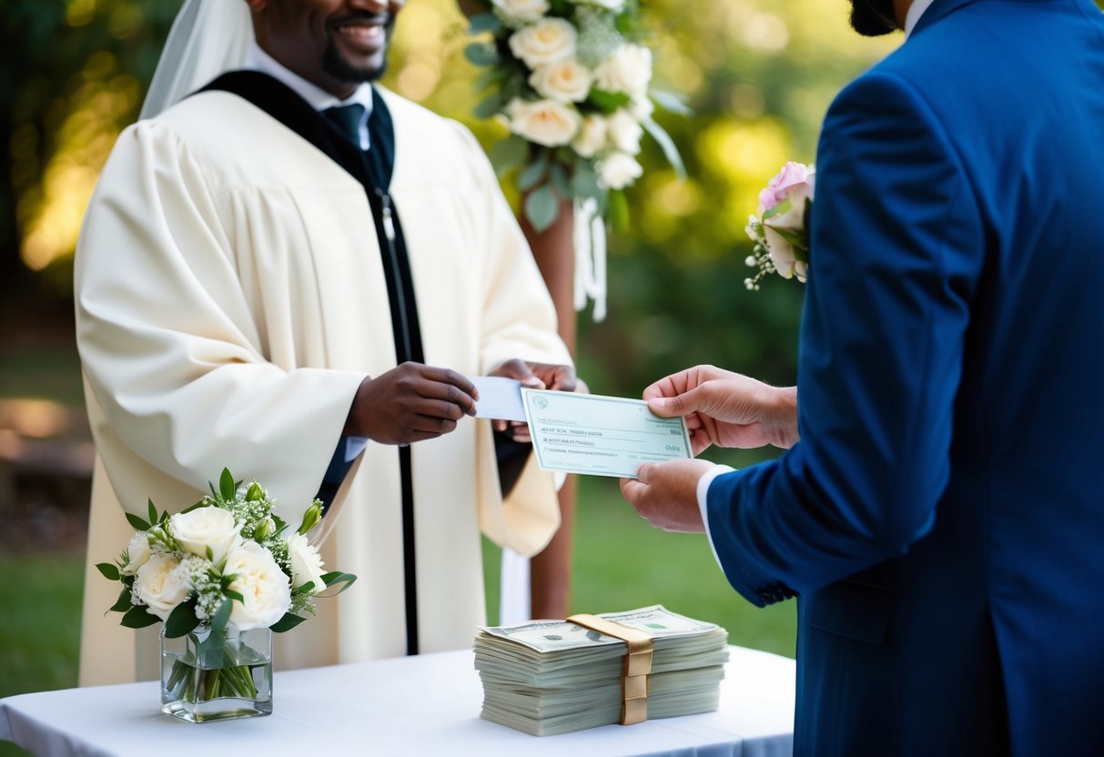 A celebrant stands at a wedding altar, receiving a check from a couple. A stack of cash sits on a nearby table, symbolizing payment for their services