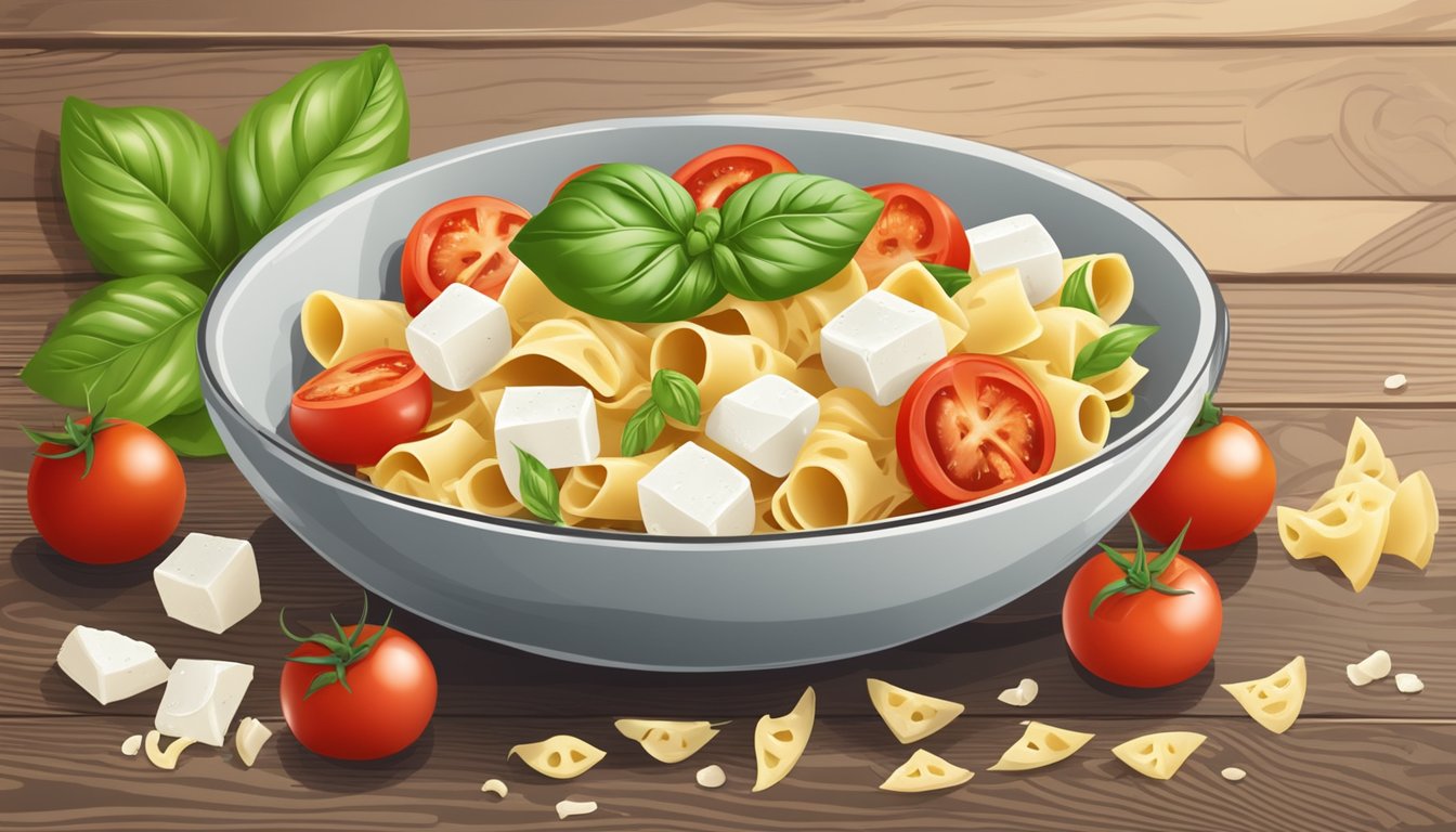 A bowl of farfalle pasta with tomatoes, basil, and mozzarella on a rustic wooden table