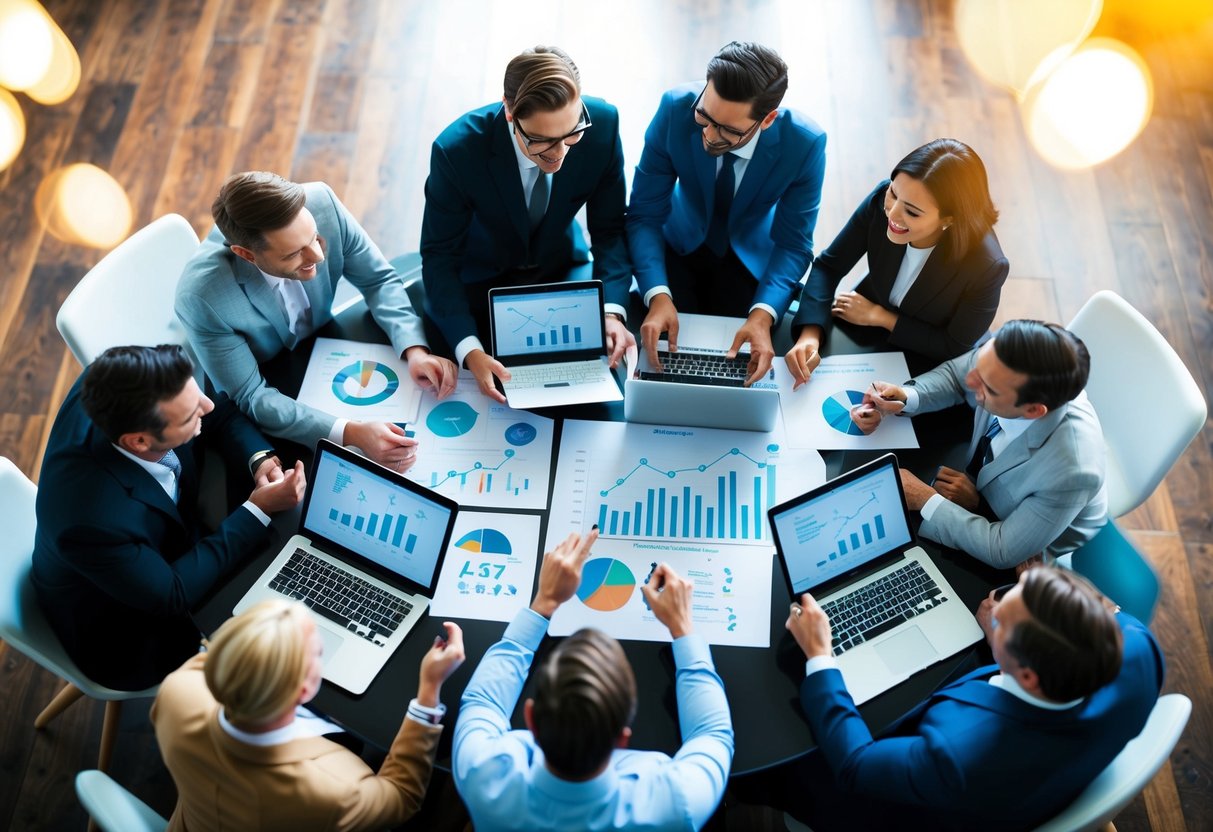 A group of celebrants gather around a table, discussing marketing and business growth strategies. Charts and graphs are spread out, and laptops are open as they brainstorm and plan