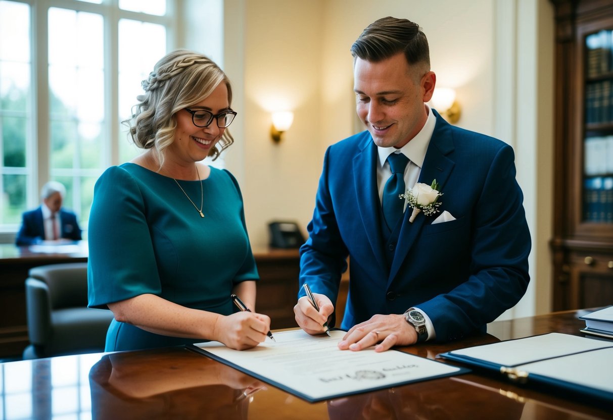 A celebrant signing a marriage certificate in a government office
