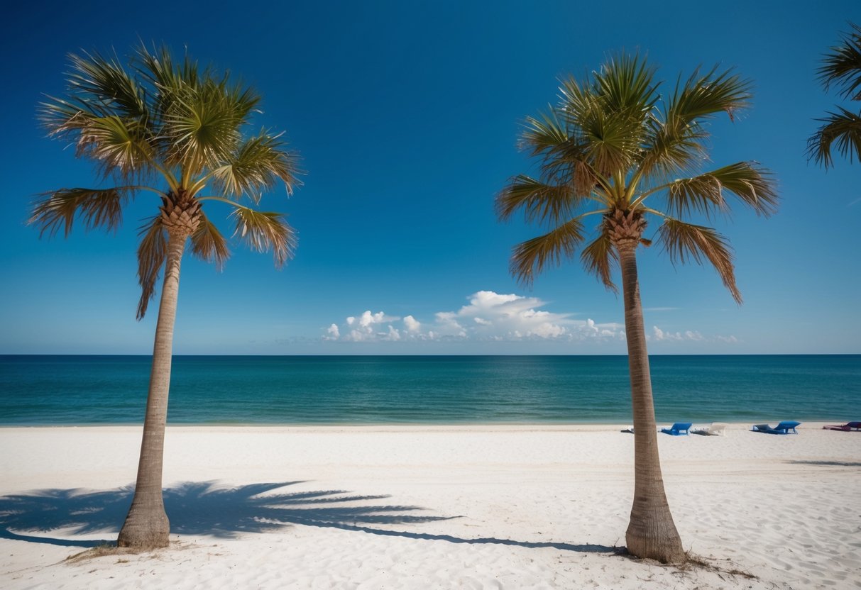 A sunny beach with palm trees and a clear blue sky in Florida