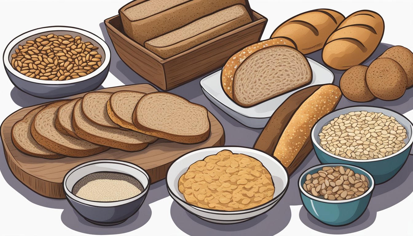 A table with various nutrient-dense alternatives to Ezekiel bread, including sprouted grain loaves, whole grain pitas, and multigrain bagels