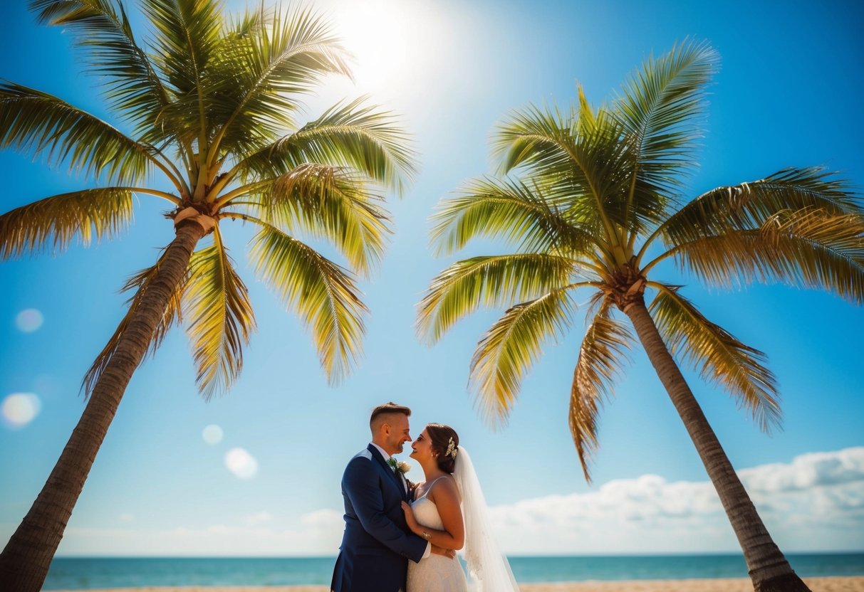 A sunny beach wedding with two palm trees and a clear blue sky