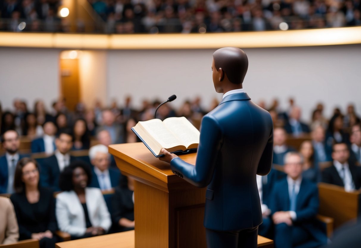 A figure standing at a podium with an open book, facing a seated audience