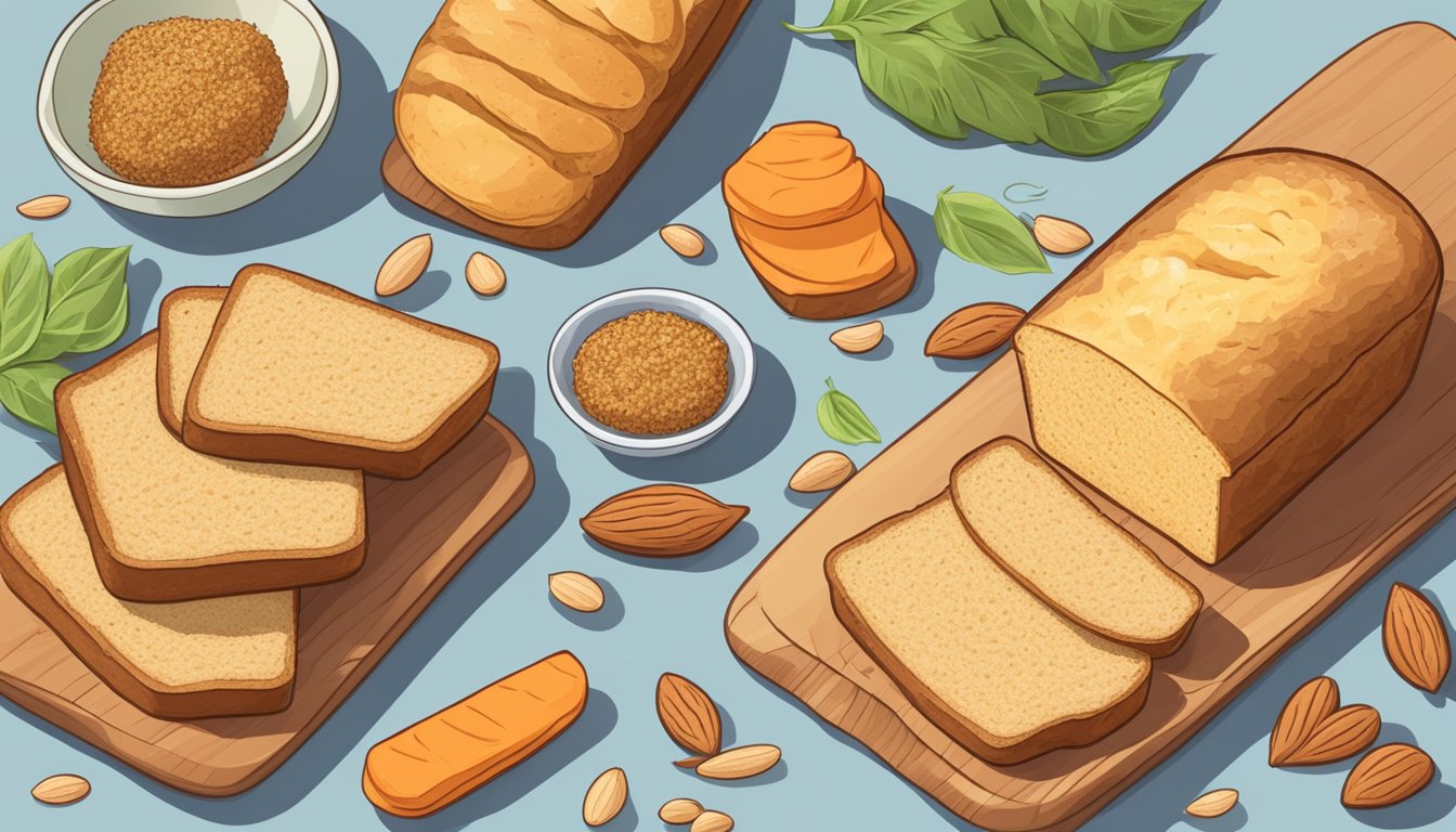 A table with various bread substitutes: quinoa bread, almond flour bread, and sweet potato toast