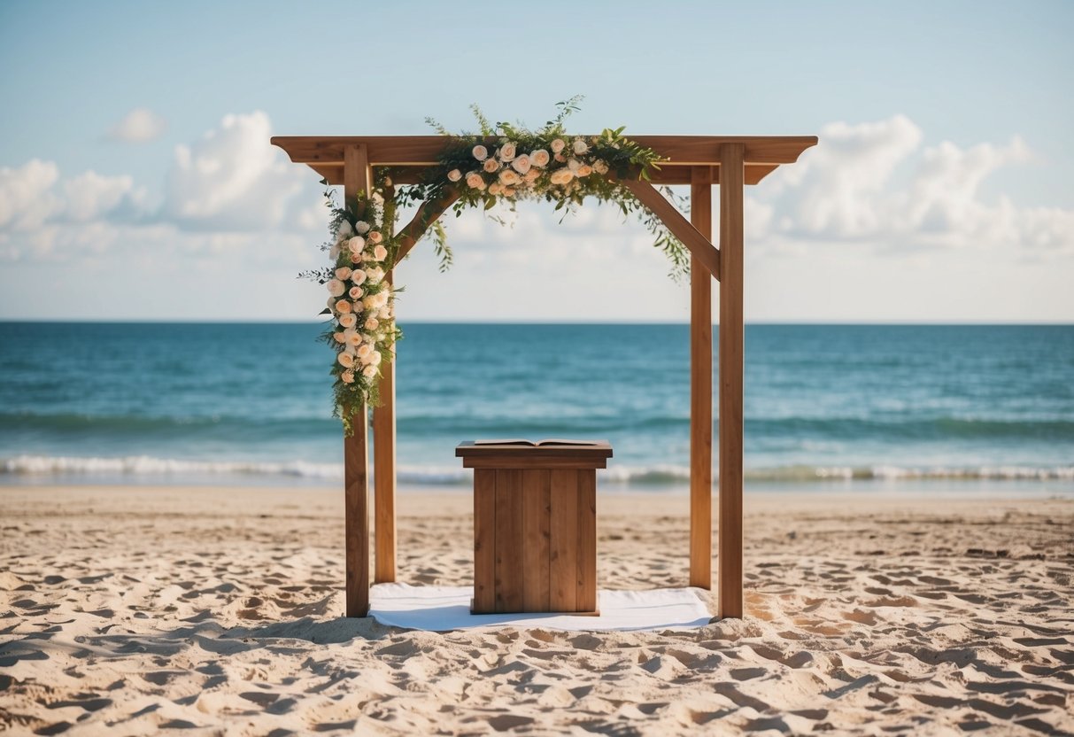 A sunny beach with a simple wooden altar and a serene ocean backdrop