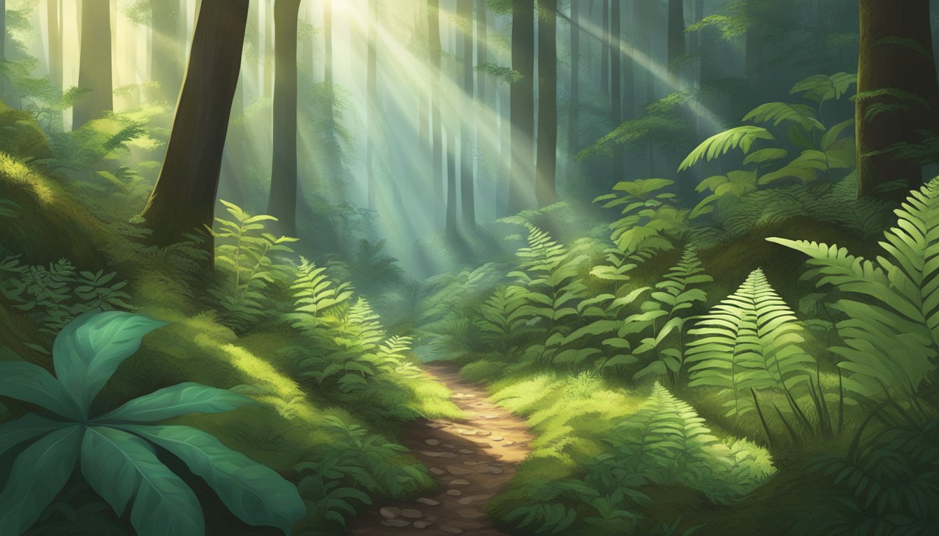 A lush forest floor with a variety of ferns, mushrooms, and other greenery, with sunlight filtering through the canopy above