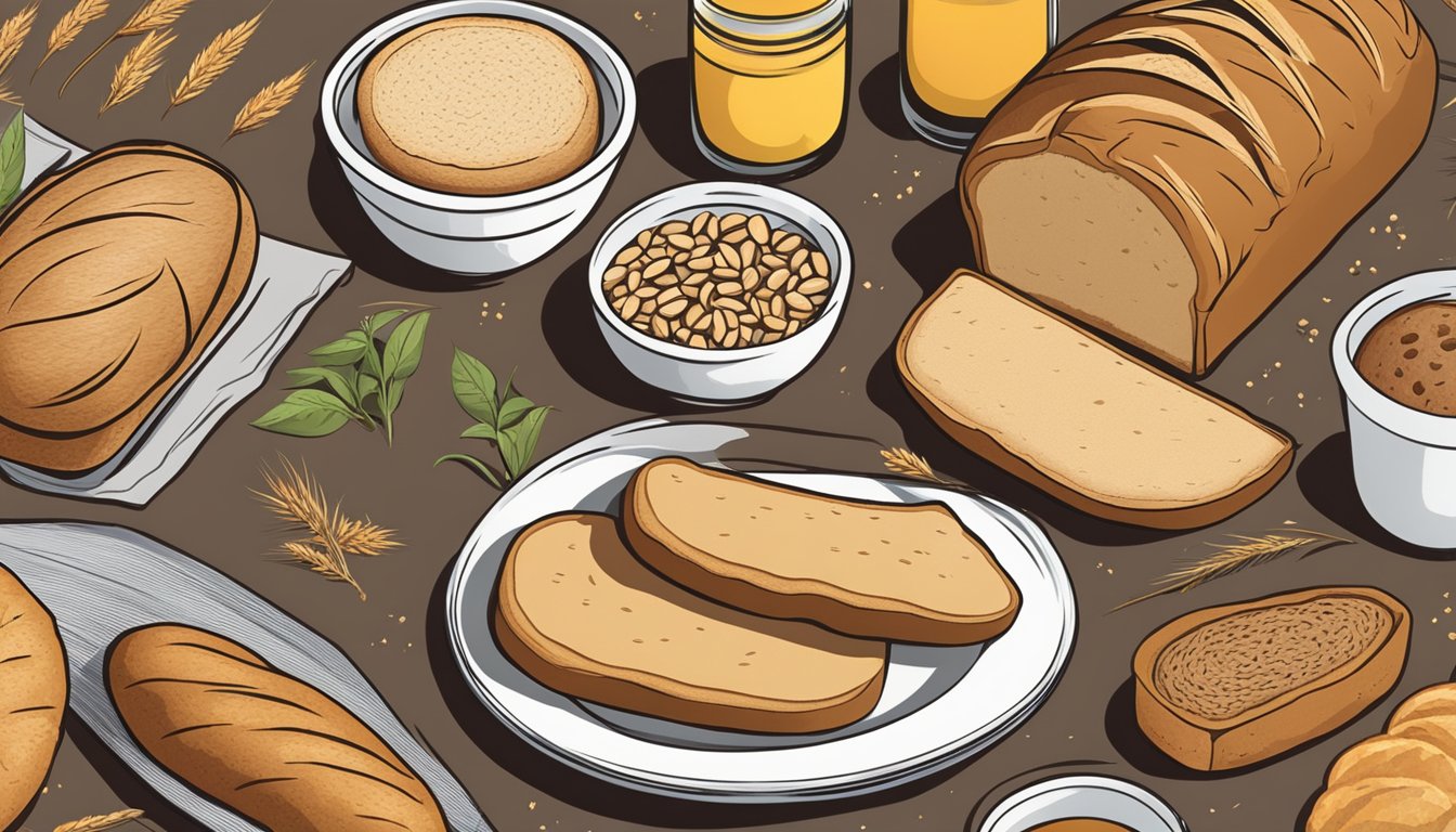 A table set with various creative bread alternatives, such as sourdough, rye, and gluten-free options, alongside a loaf of ezekiel bread