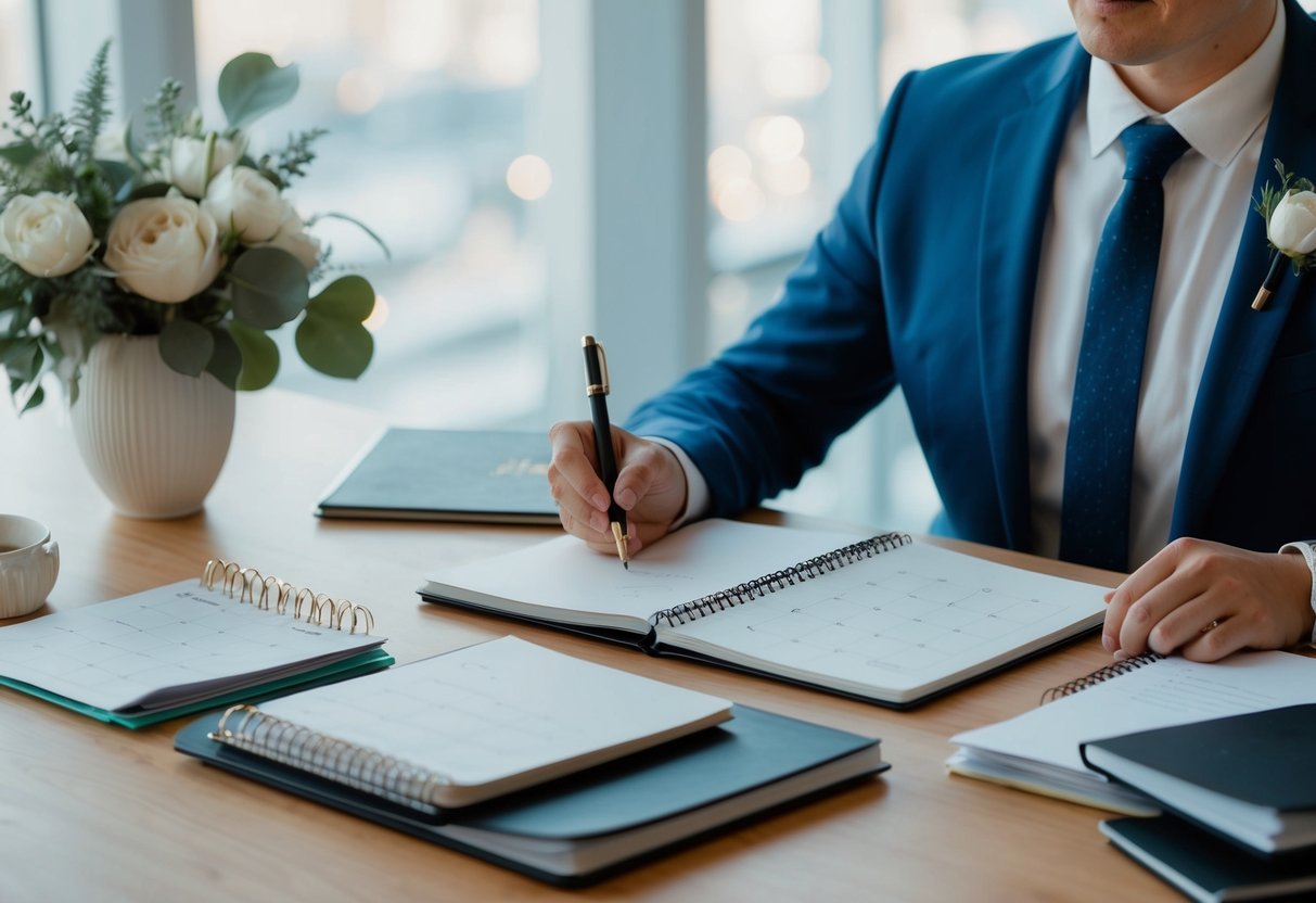 A person sitting at a desk with a calendar, pen, and notebook, surrounded by wedding-related materials and brainstorming ideas for an officiant proposal