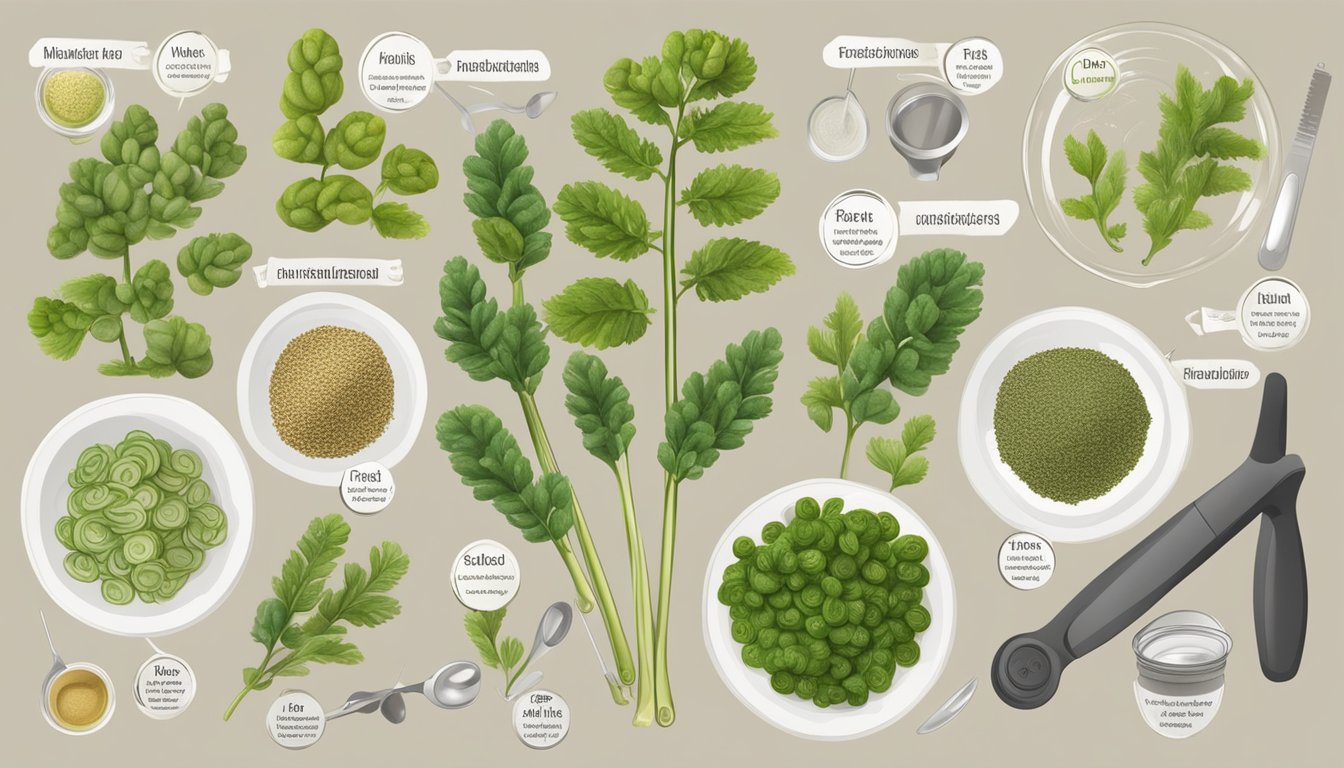 A table with various fiddlehead fern substitutes laid out, surrounded by nutritional labels and measuring tools