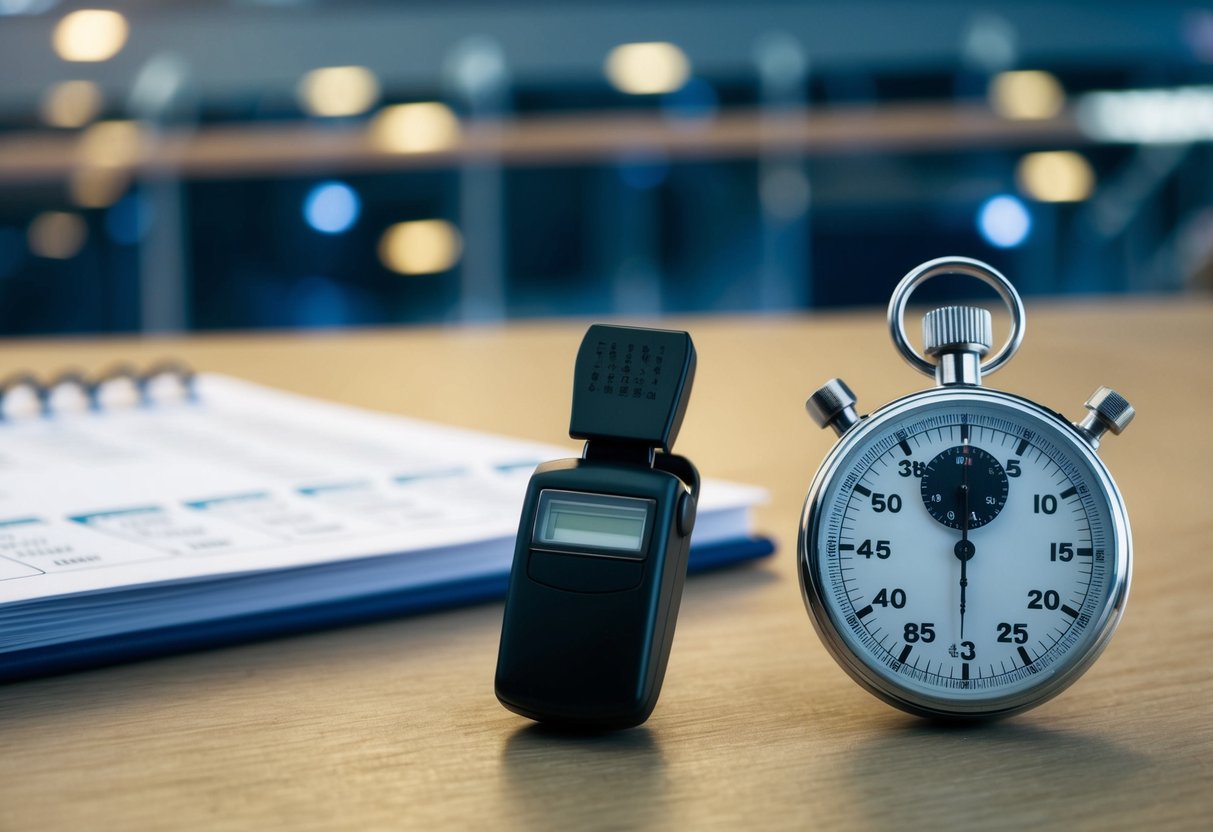 An official's whistle and a stopwatch on a table, with a schedule and rulebook in the background