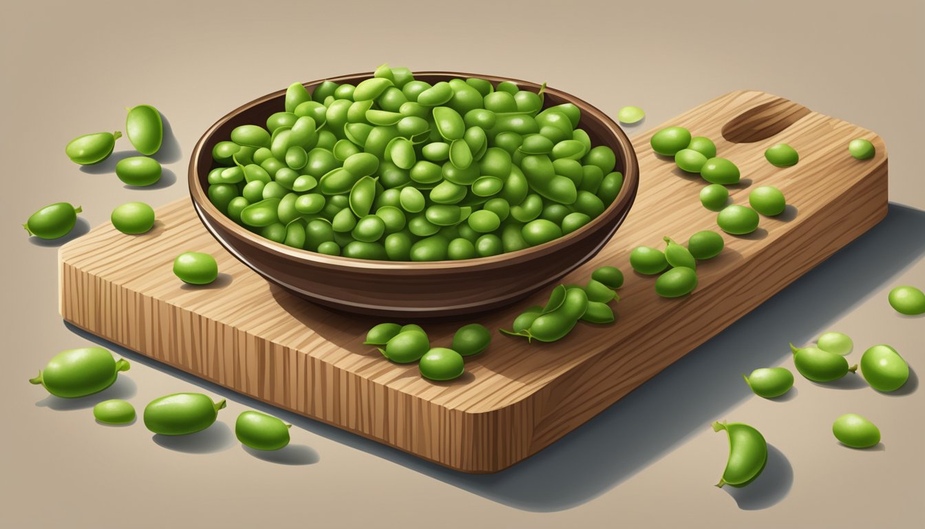 A bowl of fresh green peas and a pile of edamame pods on a wooden cutting board